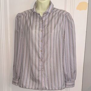 Vintage 70s/80s Haberdashery Striped Button-Up Polyester‎ Blouse with polka dots